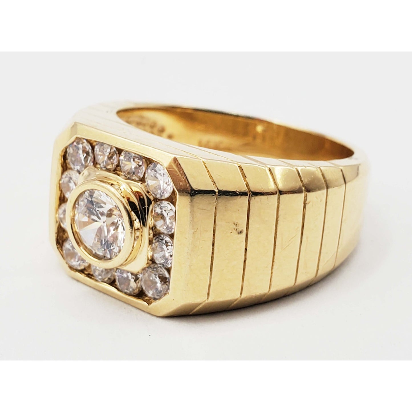 Men's CZ Halo Cluster Rib Shank Ring 14k Gold Size 10.5