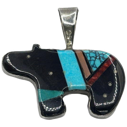 Vintage 925 Sterling Silver Bear Necklace Pendant w Inlay Turquoise, Onyx, Coral