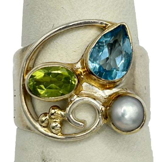 925 Sterling Silver Topaz, Peridot and Pearl Size 6.5 Gemstone Ring