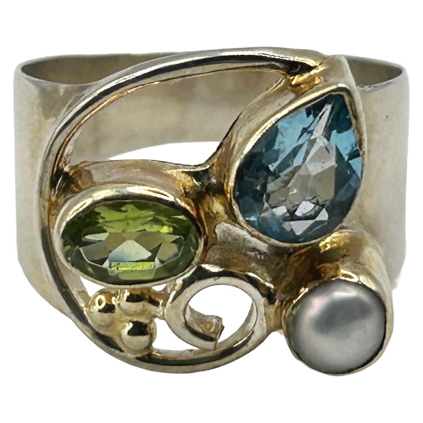925 Sterling Silver Topaz, Peridot and Pearl Size 6.5 Gemstone Ring
