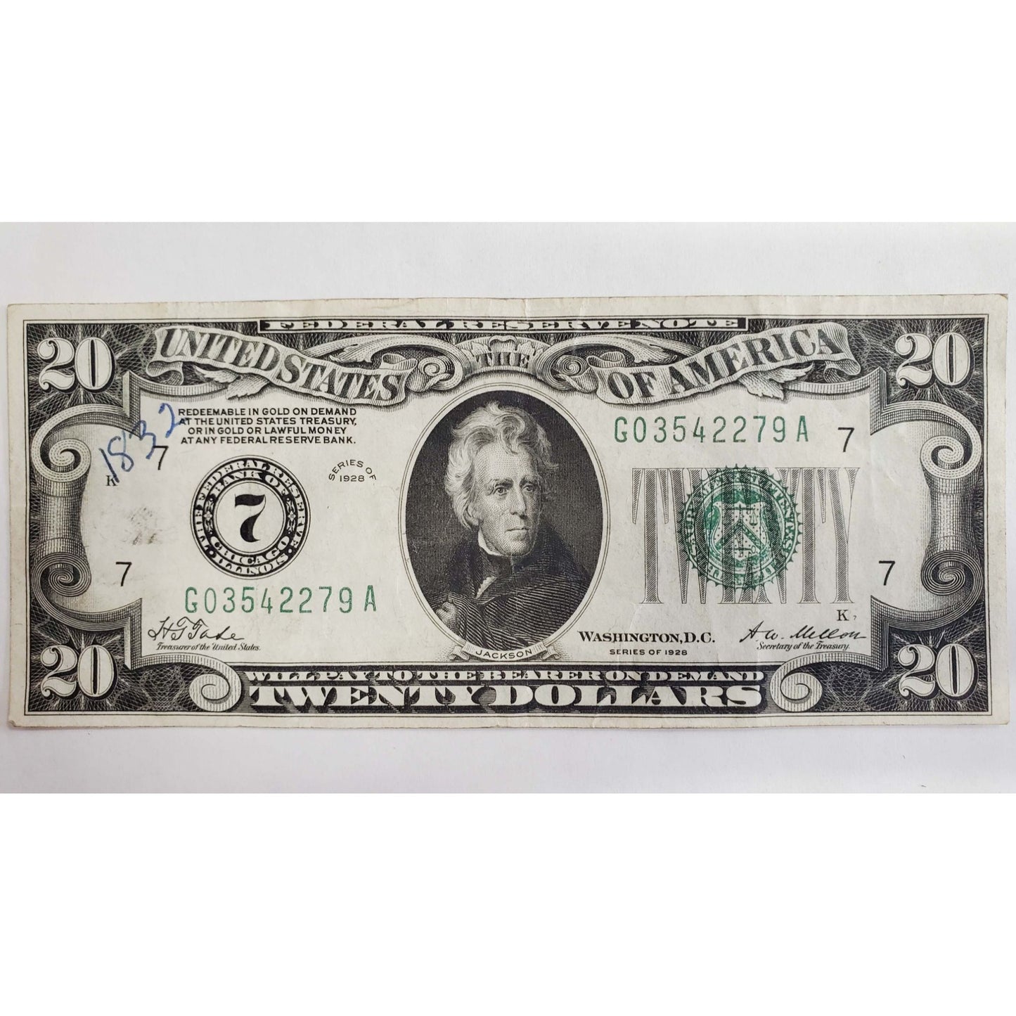 1928 $20 "Redeemable in Gold" Federal Reserve Note Chicago Illinois #G03542279A