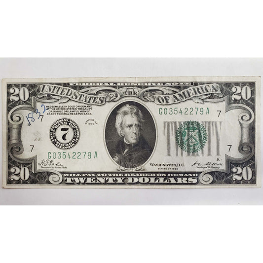 1928 $20 "Redeemable in Gold" Federal Reserve Note Chicago Illinois #G03542279A