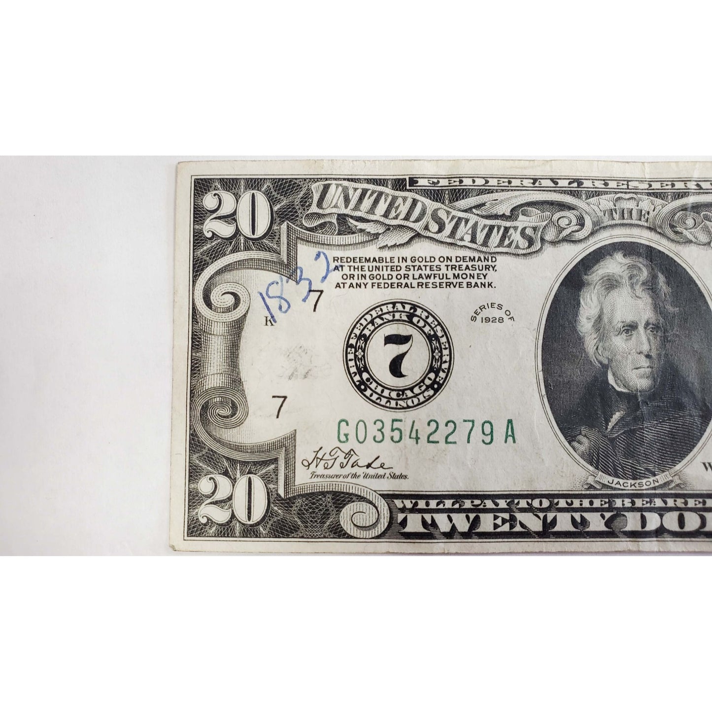 1928 $20 "Redeemable in Gold" Federal Reserve Note Chicago Illinois #G03542279A