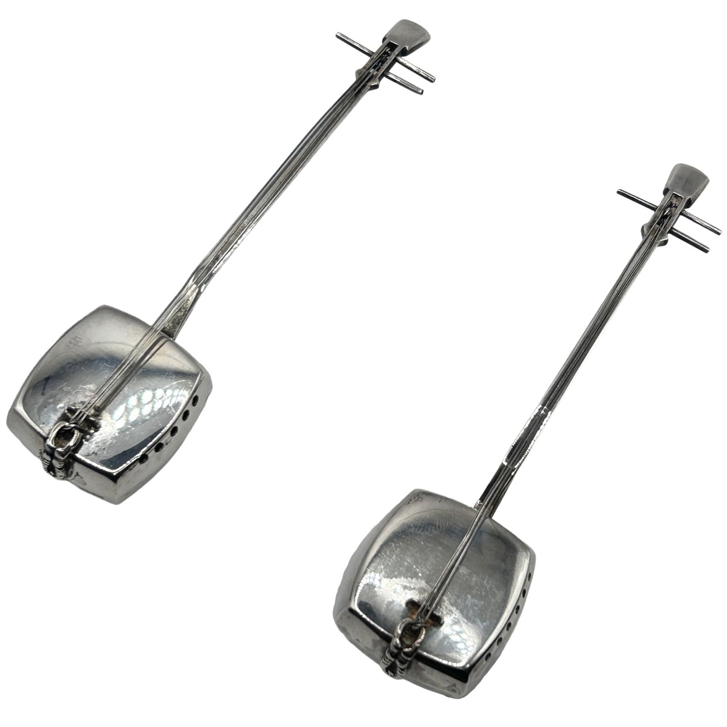 Pair of (2) Japanese Shamisen Guitar Sterling Silver Salt & Pepper Shakers Japan