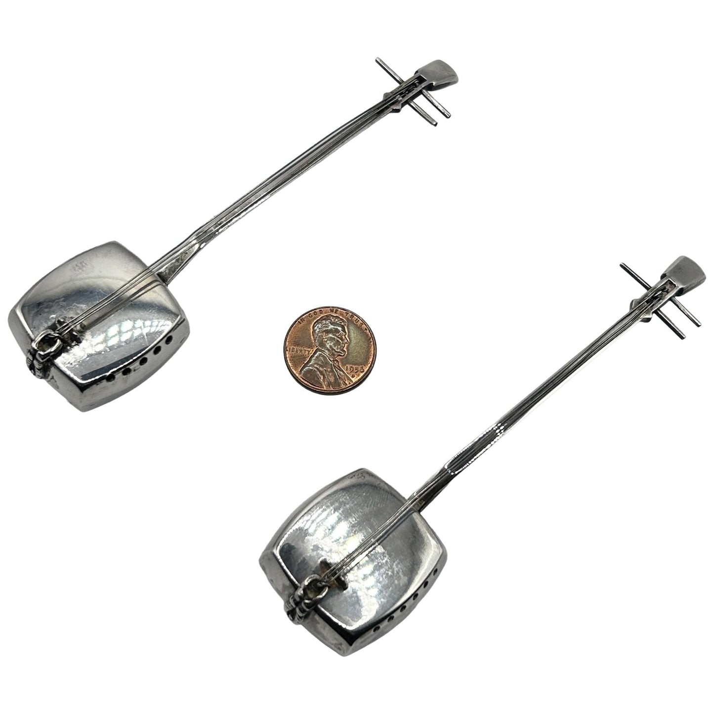 Pair of (2) Japanese Shamisen Guitar Sterling Silver Salt & Pepper Shakers Japan