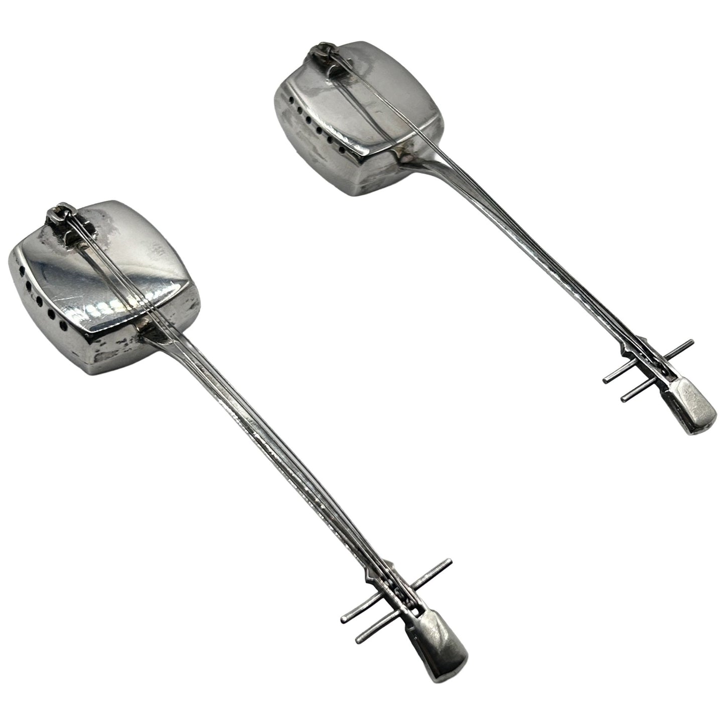 Pair of (2) Japanese Shamisen Guitar Sterling Silver Salt & Pepper Shakers Japan