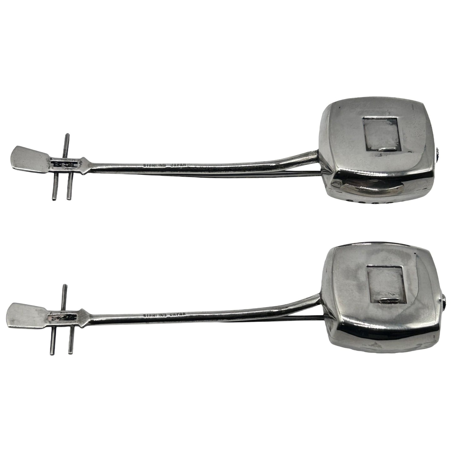 Pair of (2) Japanese Shamisen Guitar Sterling Silver Salt & Pepper Shakers Japan