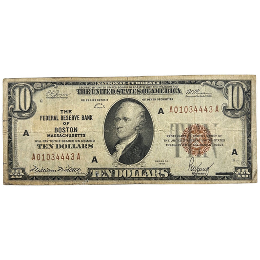 1929 $10 National Currency - Federal Reserve Bank of Boston Massachusetts