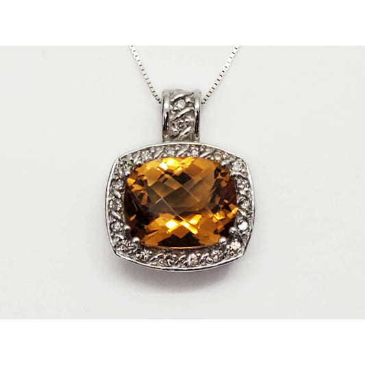 3.68 ctw Fancy Cushion Citrine & Diamond Halo Pendant 14k White Gold