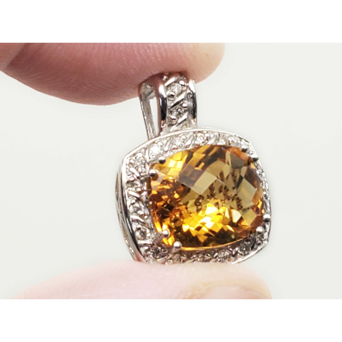 3.68 ctw Fancy Cushion Citrine & Diamond Halo Pendant 14k White Gold