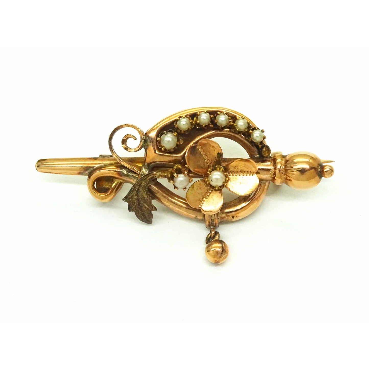 Estate Antique Seed Pearl Flower Motif Brooch Pin 10k Rose Gold