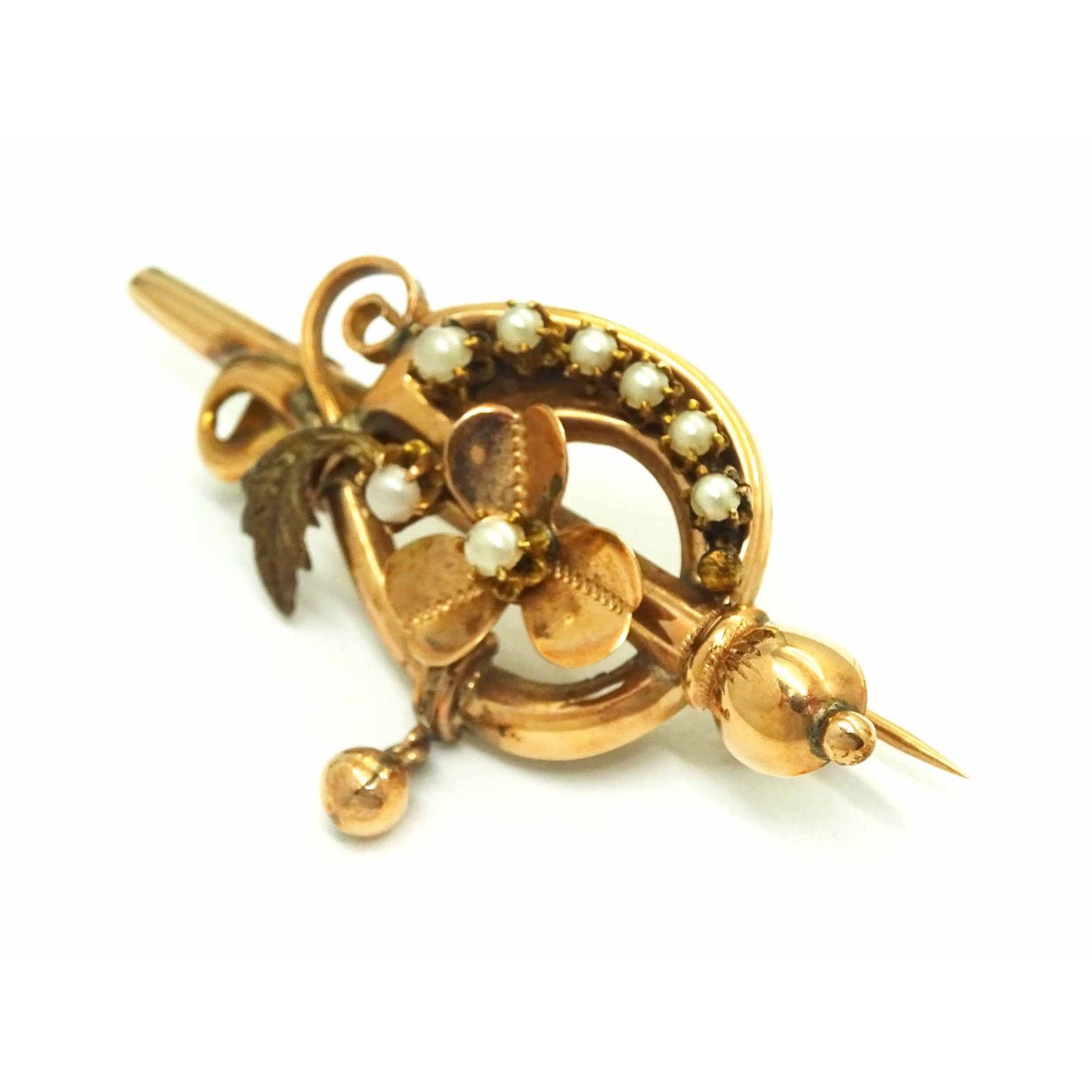 Estate Antique Seed Pearl Flower Motif Brooch Pin 10k Rose Gold