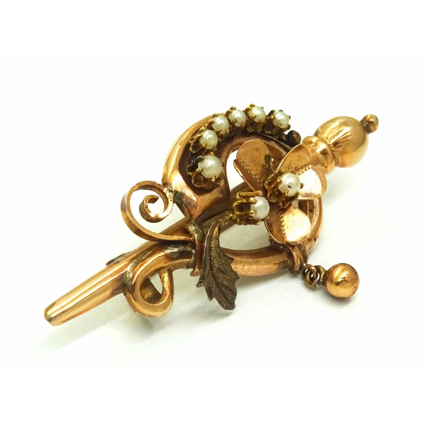 Estate Antique Seed Pearl Flower Motif Brooch Pin 10k Rose Gold
