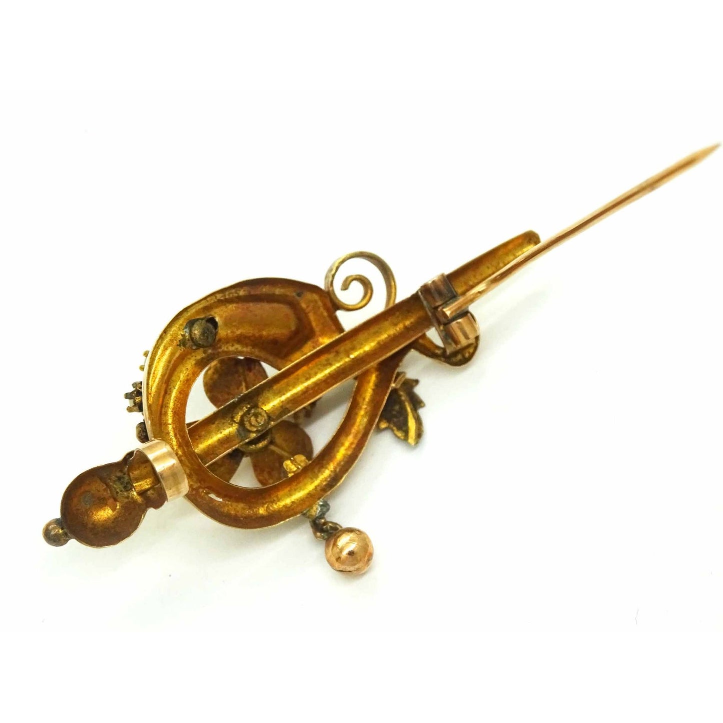 Estate Antique Seed Pearl Flower Motif Brooch Pin 10k Rose Gold