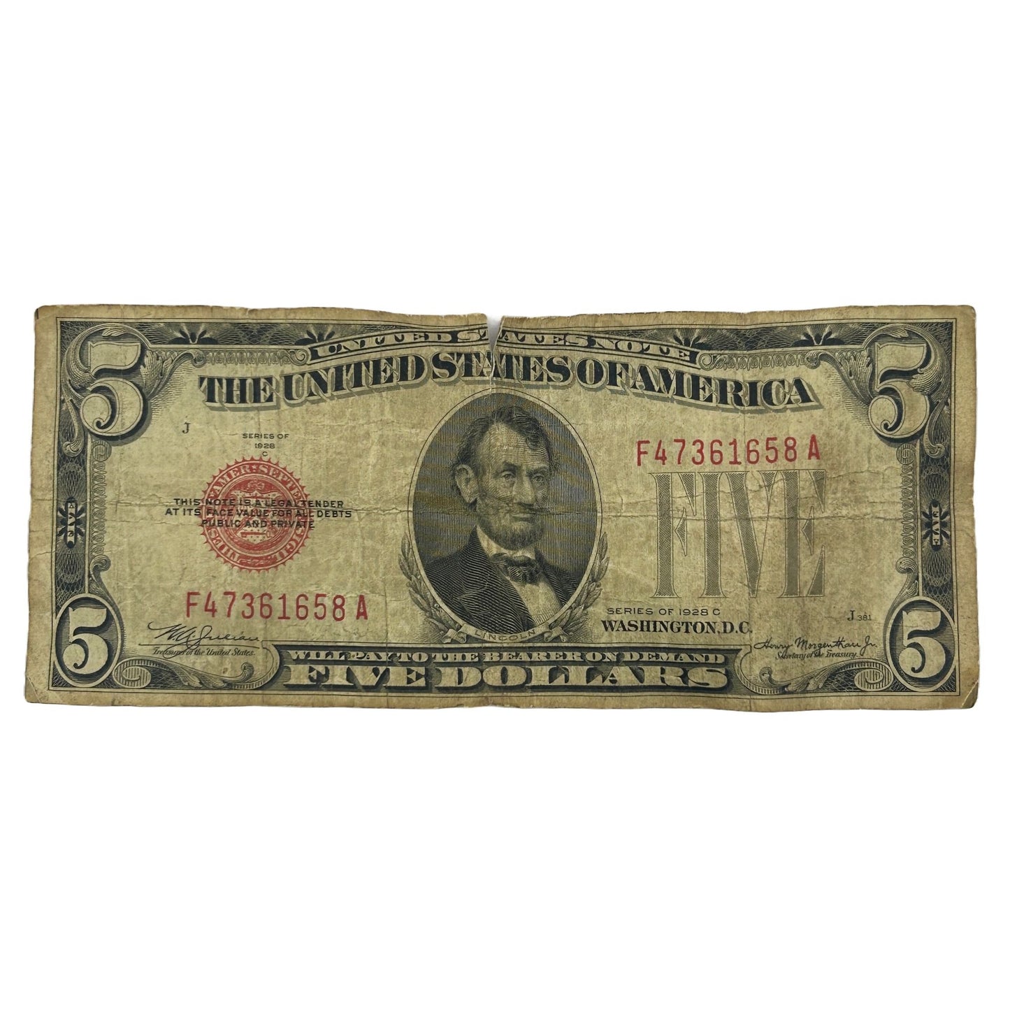 1928C $5 Damaged Red Seal Circulated Banknote F47361658A