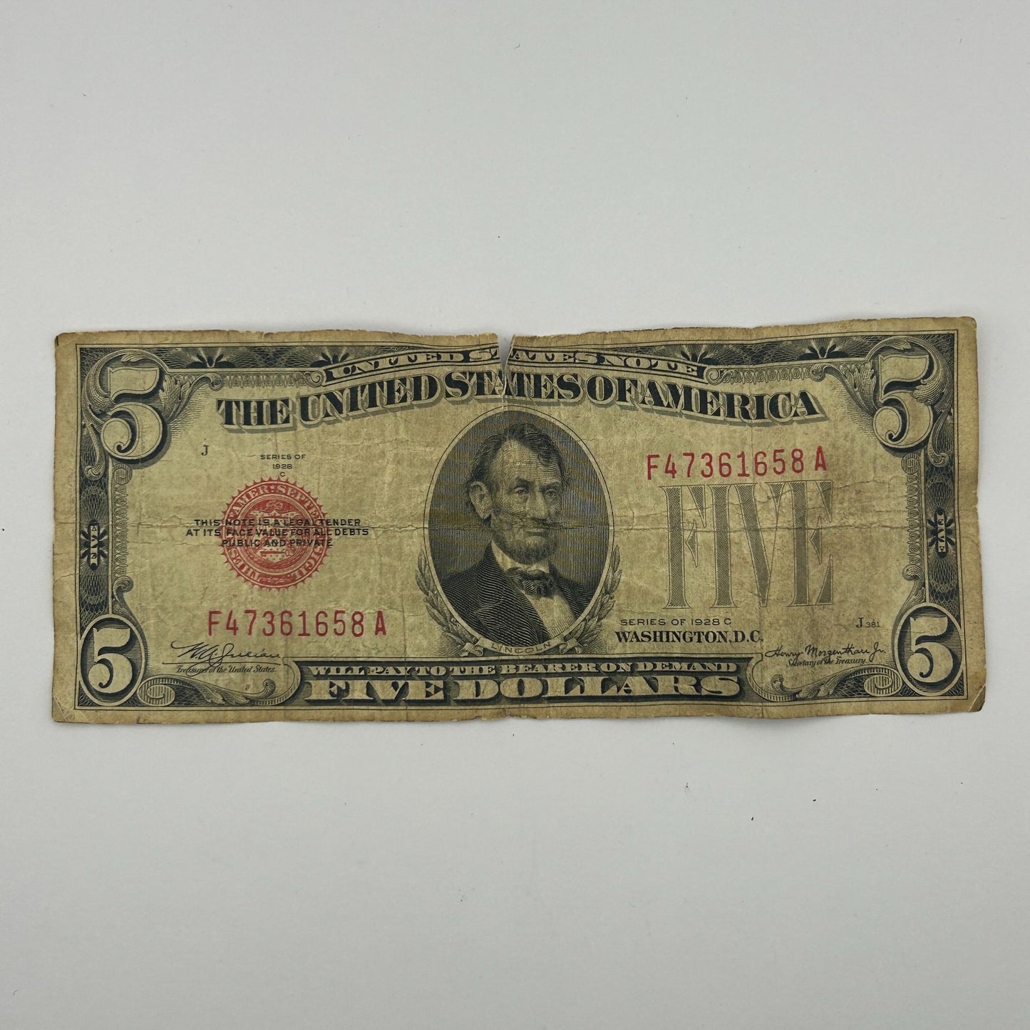 1928C $5 Damaged Red Seal Circulated Banknote F47361658A