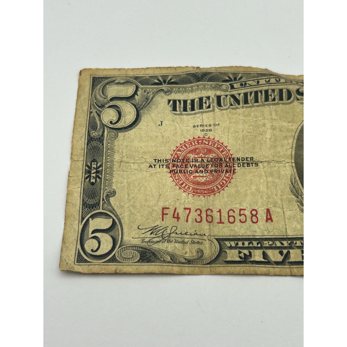 1928C $5 Damaged Red Seal Circulated Banknote F47361658A