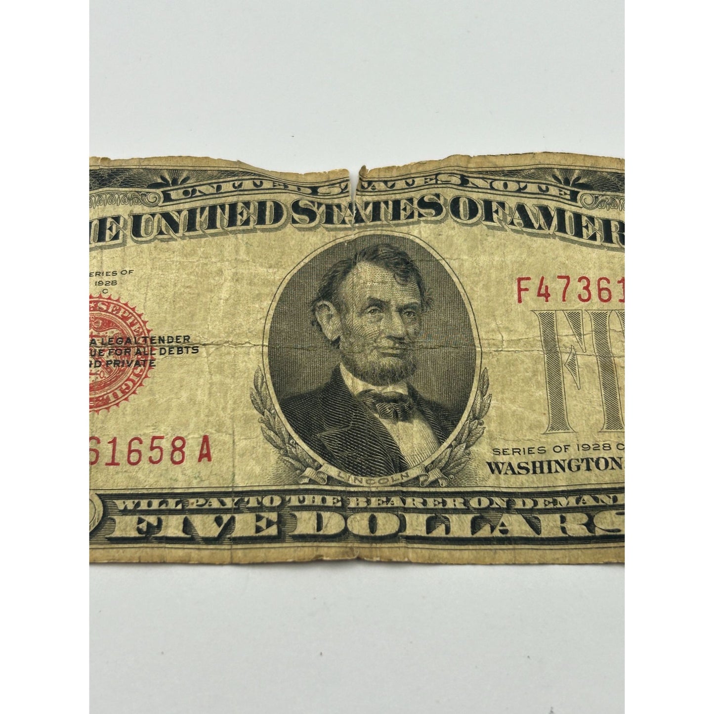 1928C $5 Damaged Red Seal Circulated Banknote F47361658A