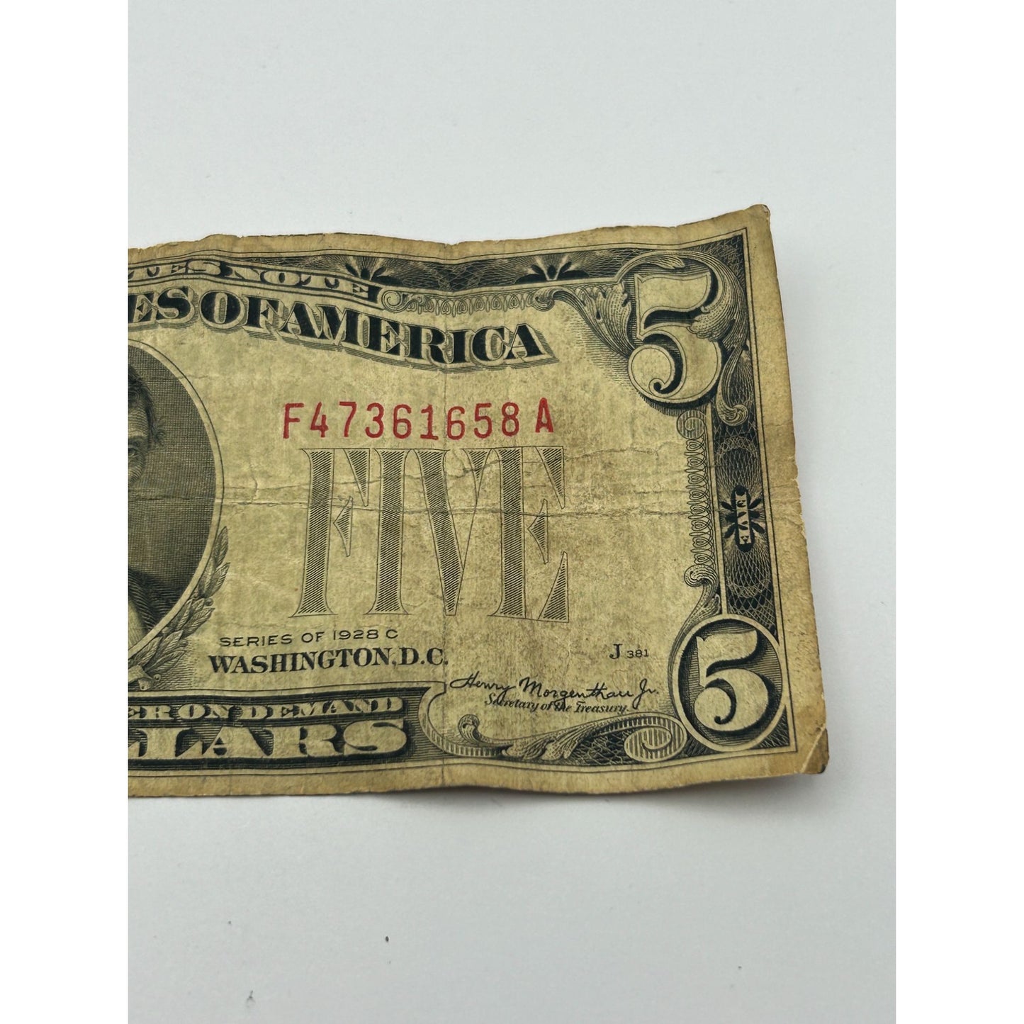 1928C $5 Damaged Red Seal Circulated Banknote F47361658A