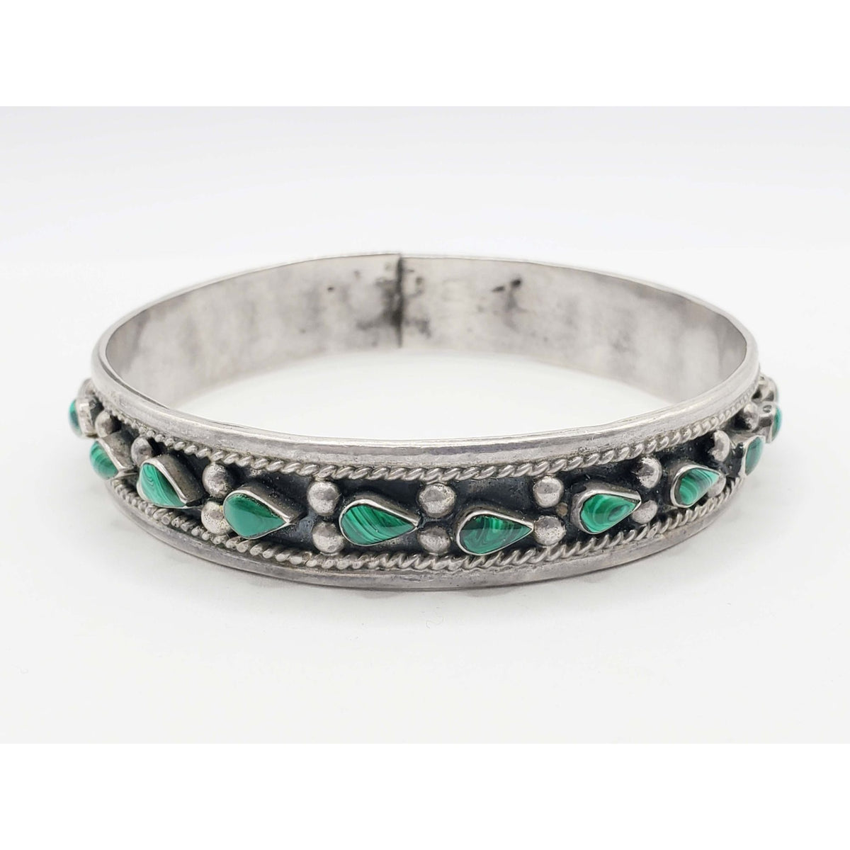 Antique Malachite Southwestern Bangle Bracelet Sterling Silver
