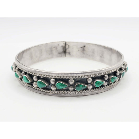 Antique Malachite Southwestern Bangle Bracelet Sterling Silver