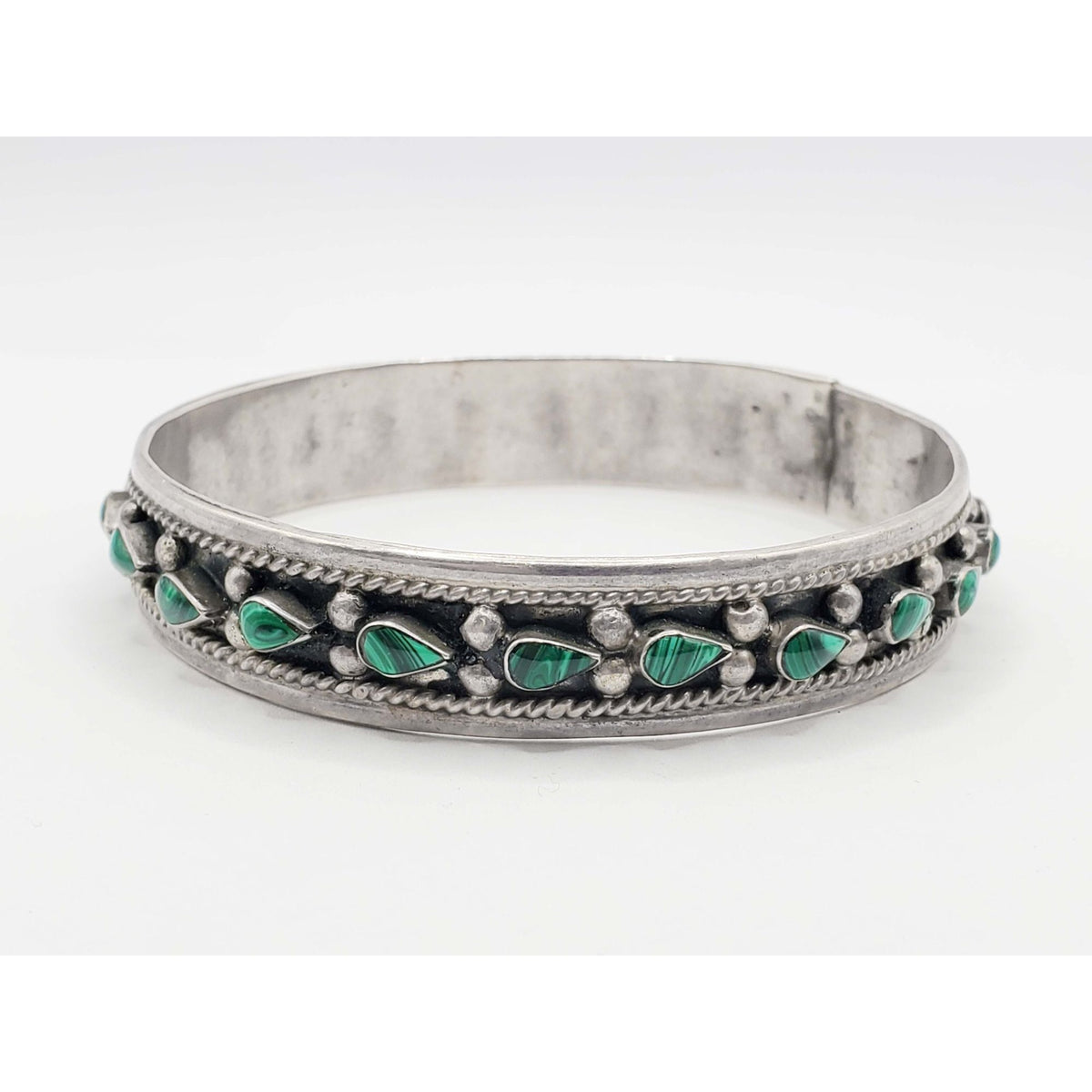 Antique Malachite Southwestern Bangle Bracelet Sterling Silver