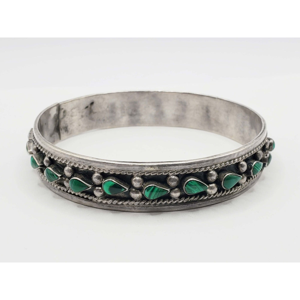 Antique Malachite Southwestern Bangle Bracelet Sterling Silver