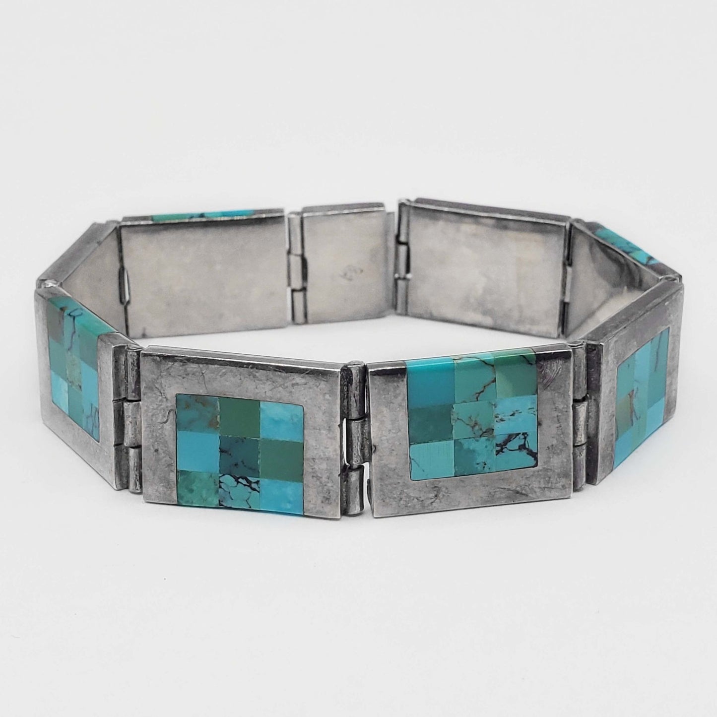 Chile Turquoise Mosaic Inlay Panel Bracelet Sterling Silver