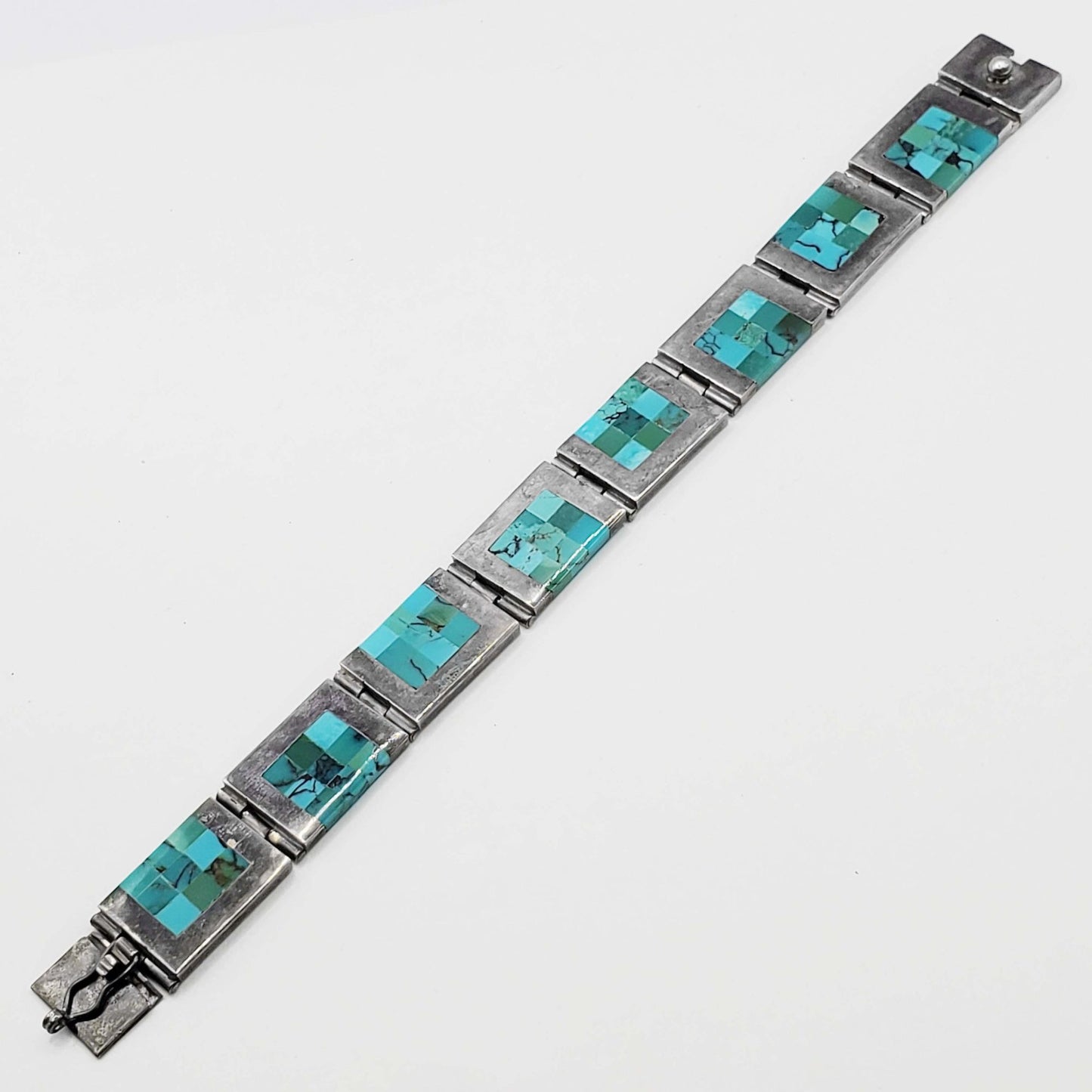Chile Turquoise Mosaic Inlay Panel Bracelet Sterling Silver