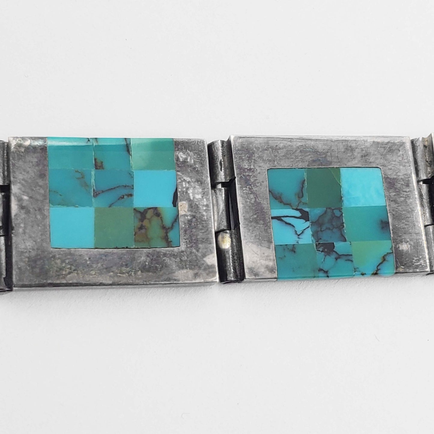 Chile Turquoise Mosaic Inlay Panel Bracelet Sterling Silver