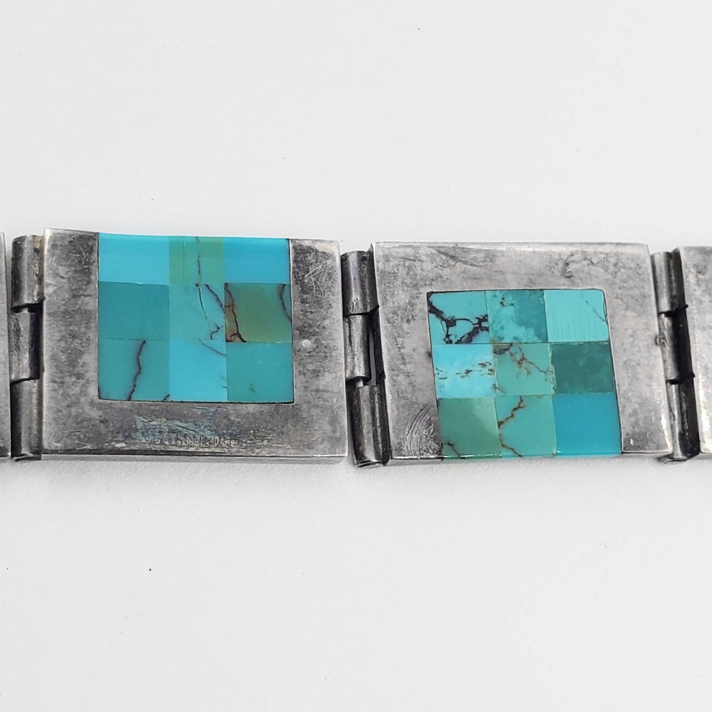 Chile Turquoise Mosaic Inlay Panel Bracelet Sterling Silver