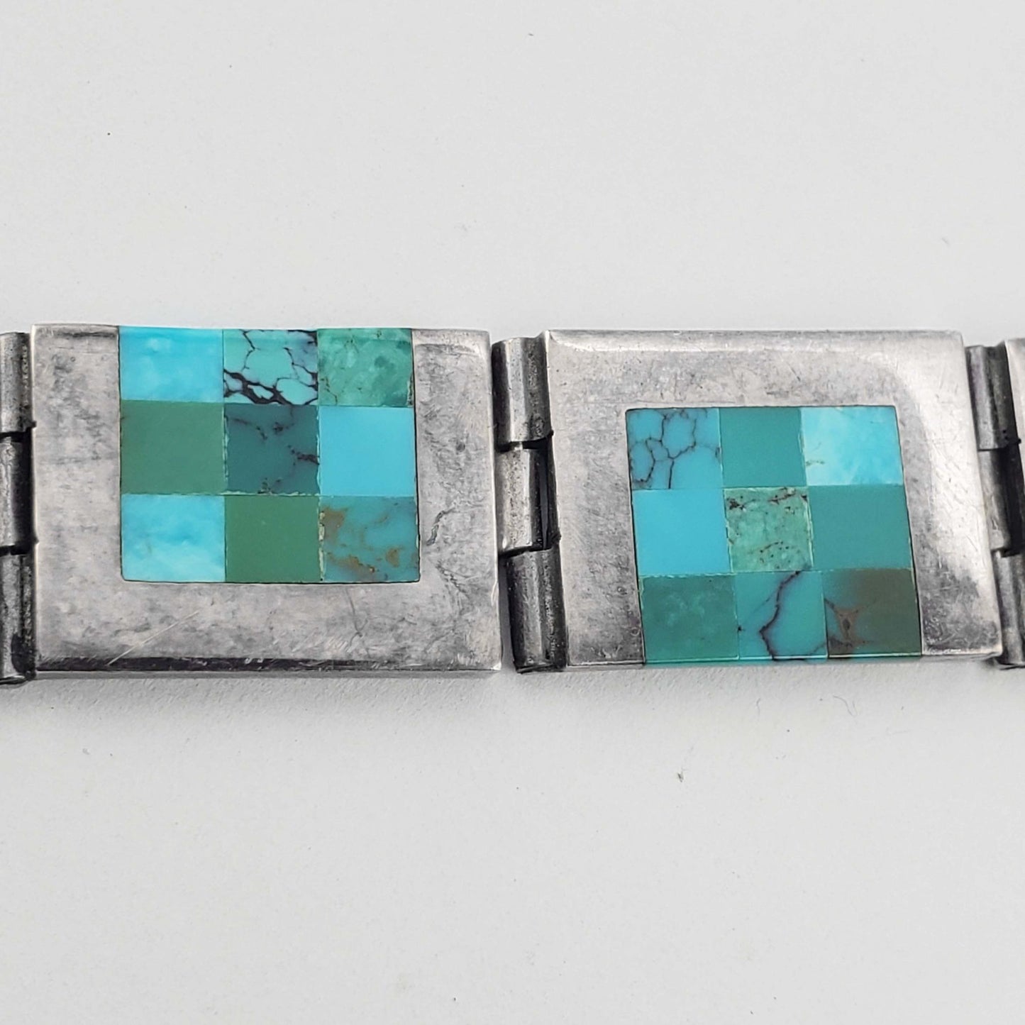 Chile Turquoise Mosaic Inlay Panel Bracelet Sterling Silver