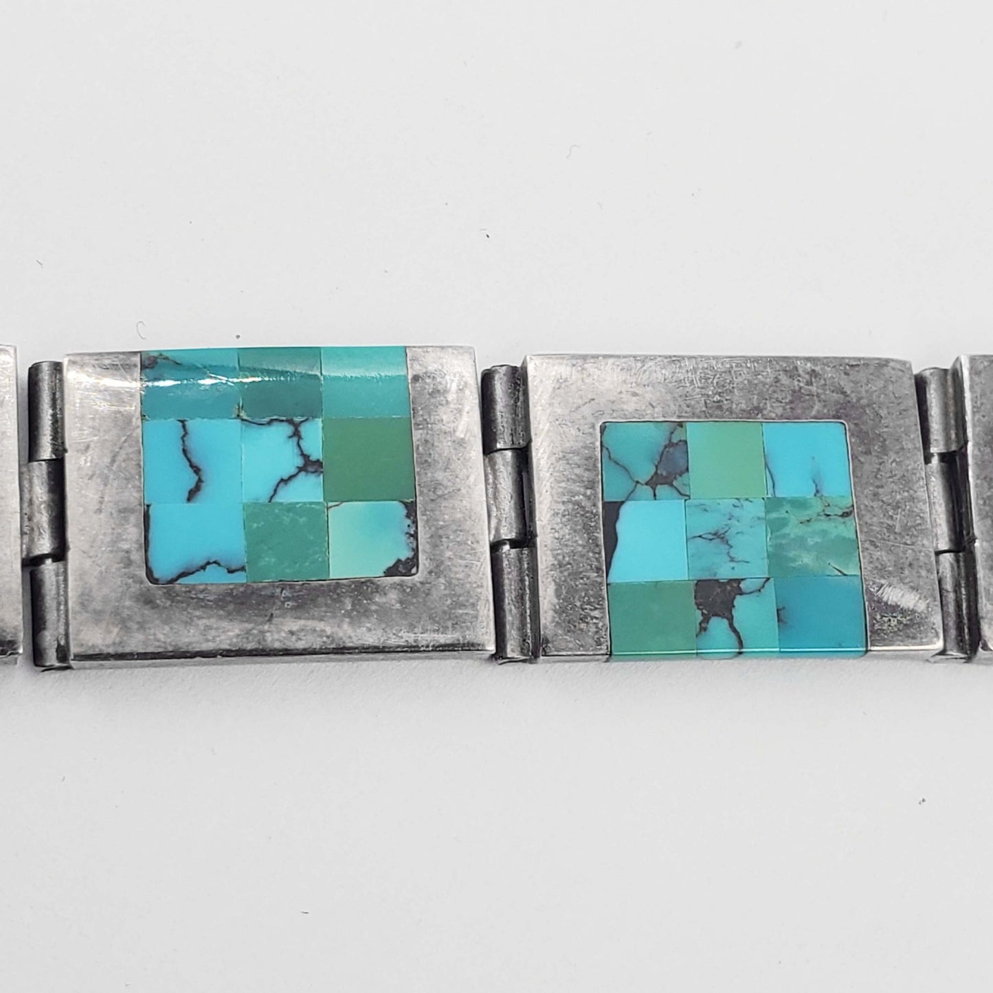 Chile Turquoise Mosaic Inlay Panel Bracelet Sterling Silver