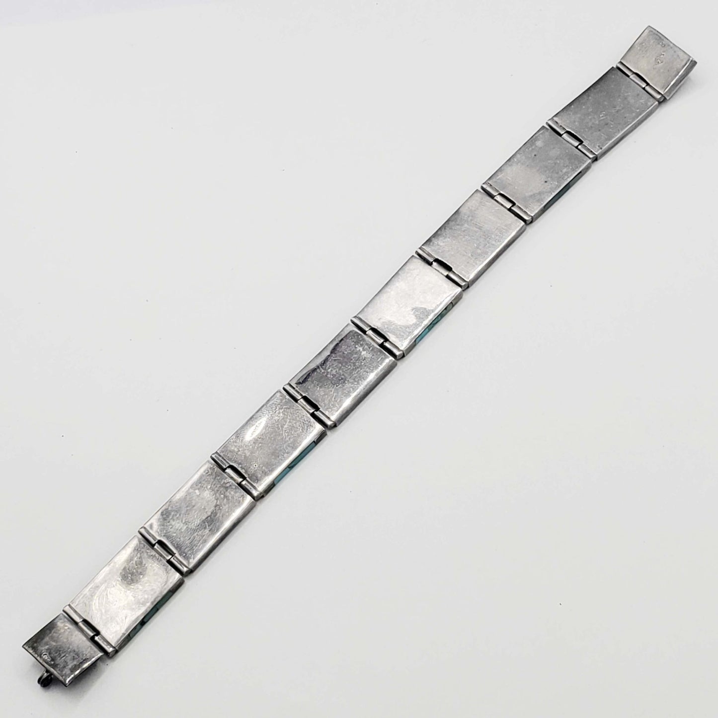 Chile Turquoise Mosaic Inlay Panel Bracelet Sterling Silver