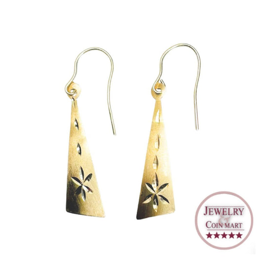 14k Gold Pyramid Artisan Etched Flower Ear Wire Earrings