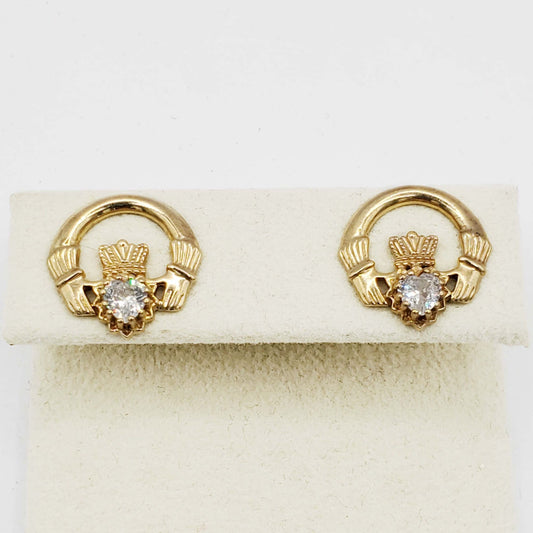 Irish Pear CZ Claddagh Love Loyalty Friendship Earrings 9k Gold