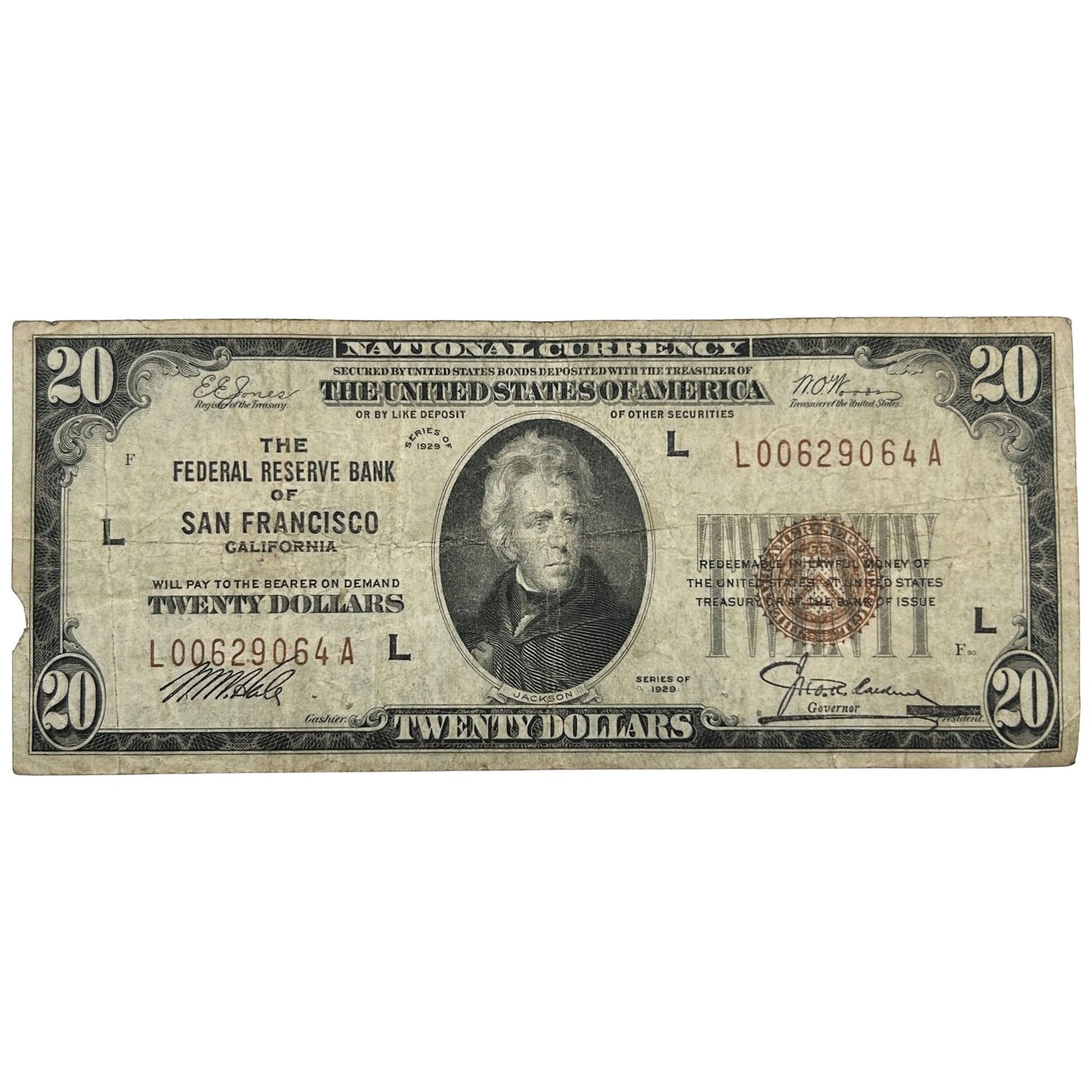 1929 $20 National Currency - Federal Reserve Bank of San Francisco California