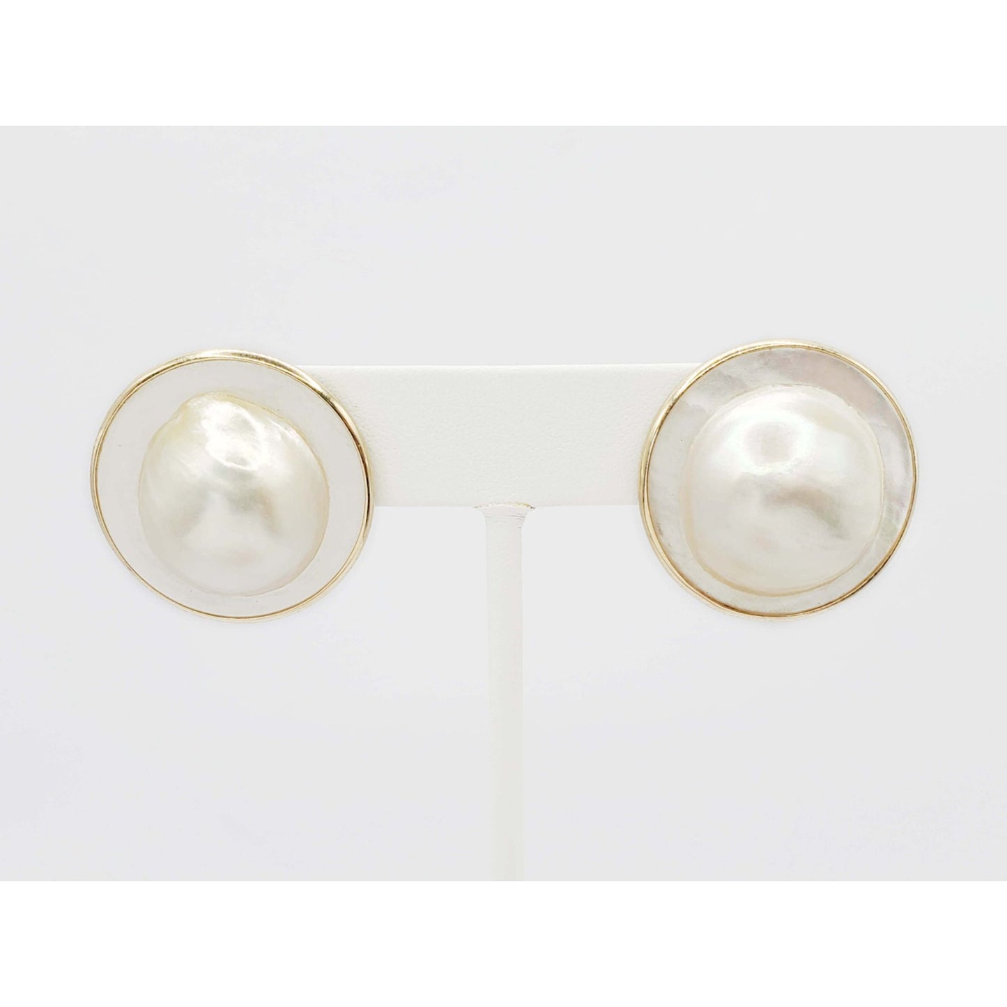 26.2mm Wide Mabe Blister Pearl Cabochon Omega Pierced Earrings 14k Gold
