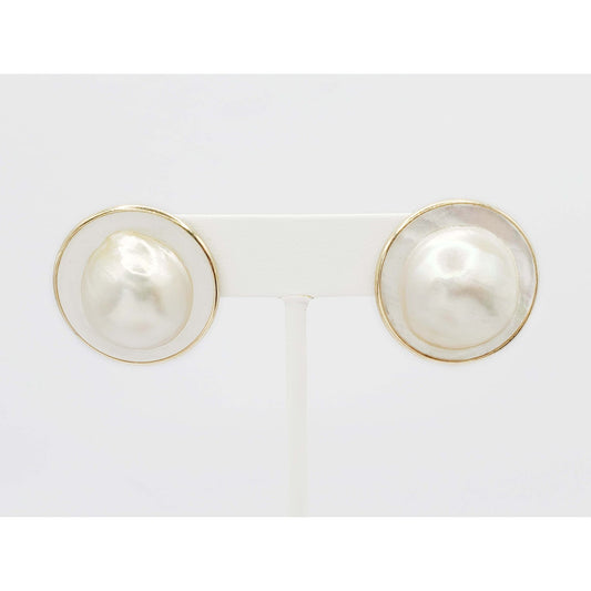 26.2mm Wide Mabe Blister Pearl Cabochon Omega Pierced Earrings 14k Gold