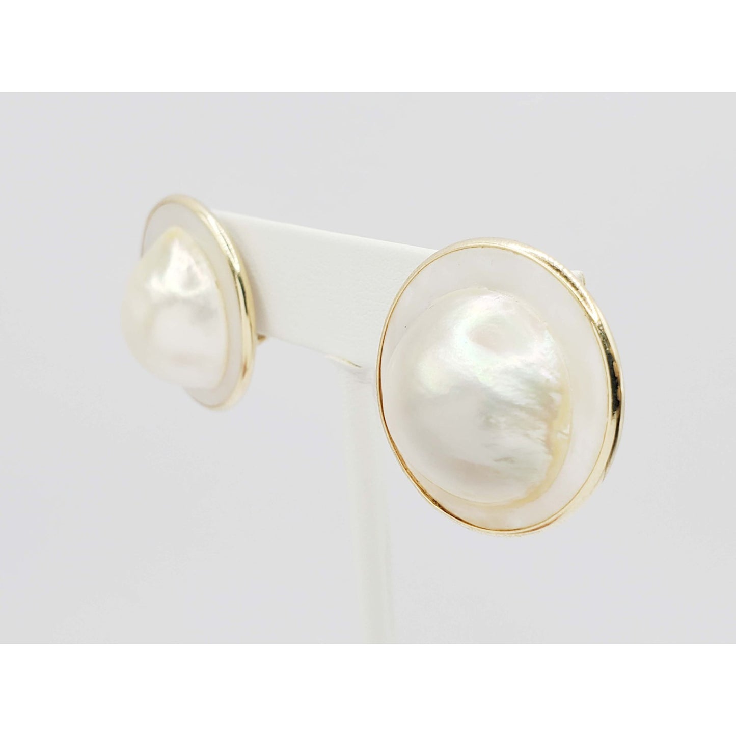 26.2mm Wide Mabe Blister Pearl Cabochon Omega Pierced Earrings 14k Gold