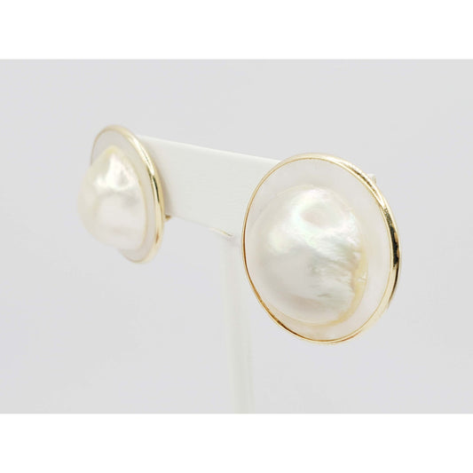 26.2mm Wide Mabe Blister Pearl Cabochon Omega Pierced Earrings 14k Gold
