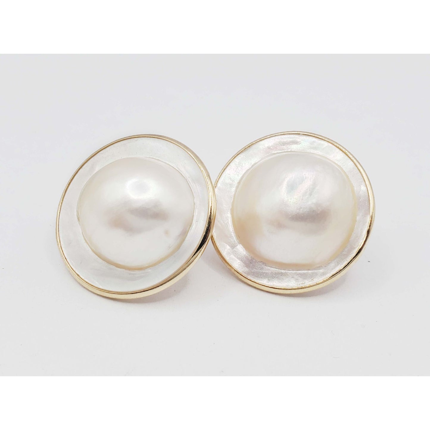26.2mm Wide Mabe Blister Pearl Cabochon Omega Pierced Earrings 14k Gold