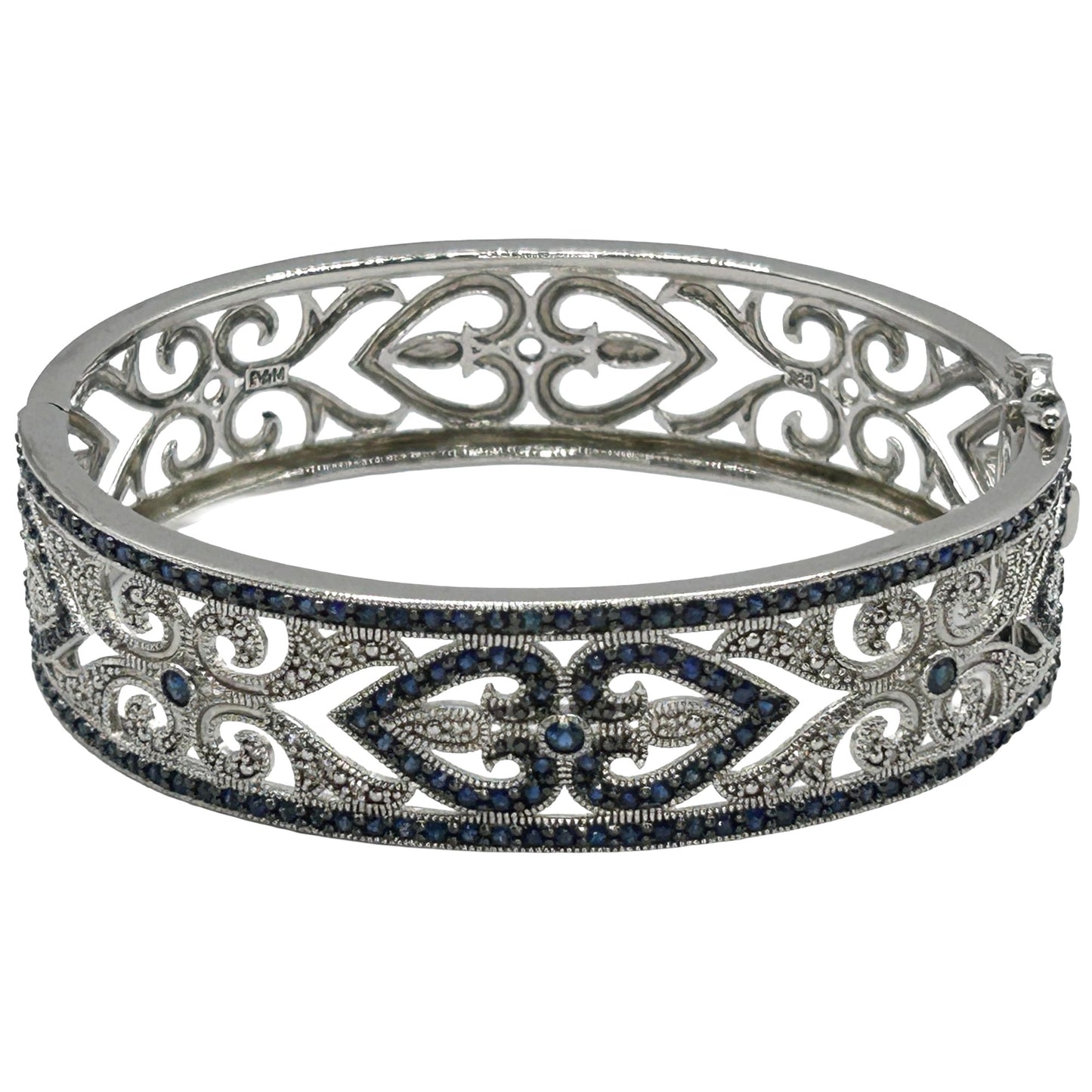 Sapphire & Diamond Hinged Bangle Bracelet 925 Sterling Silver - 7.75"