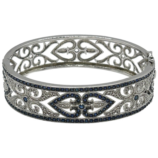 Sapphire & Diamond Hinged Bangle Bracelet 925 Sterling Silver - 7.75"