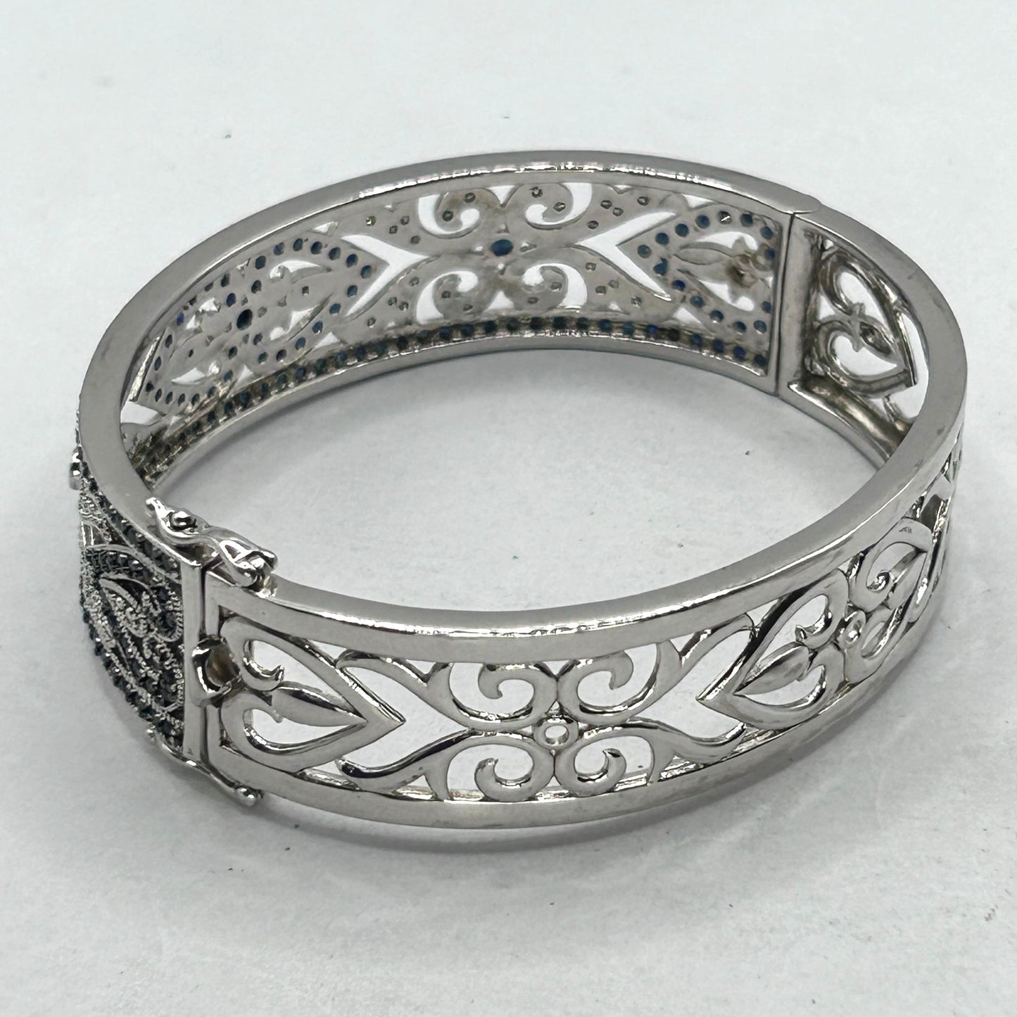 Sapphire & Diamond Hinged Bangle Bracelet 925 Sterling Silver - 7.75"