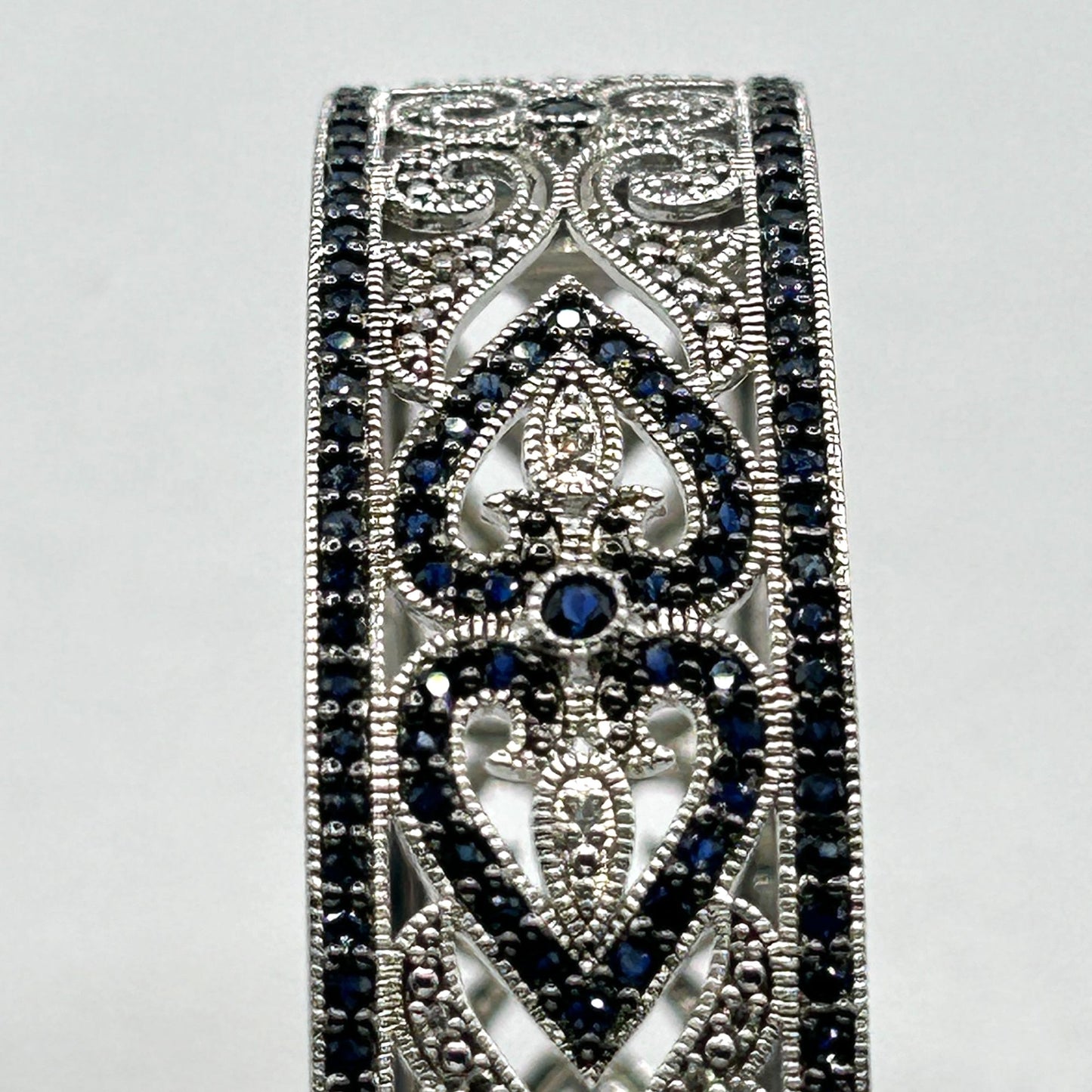 Sapphire & Diamond Hinged Bangle Bracelet 925 Sterling Silver - 7.75"