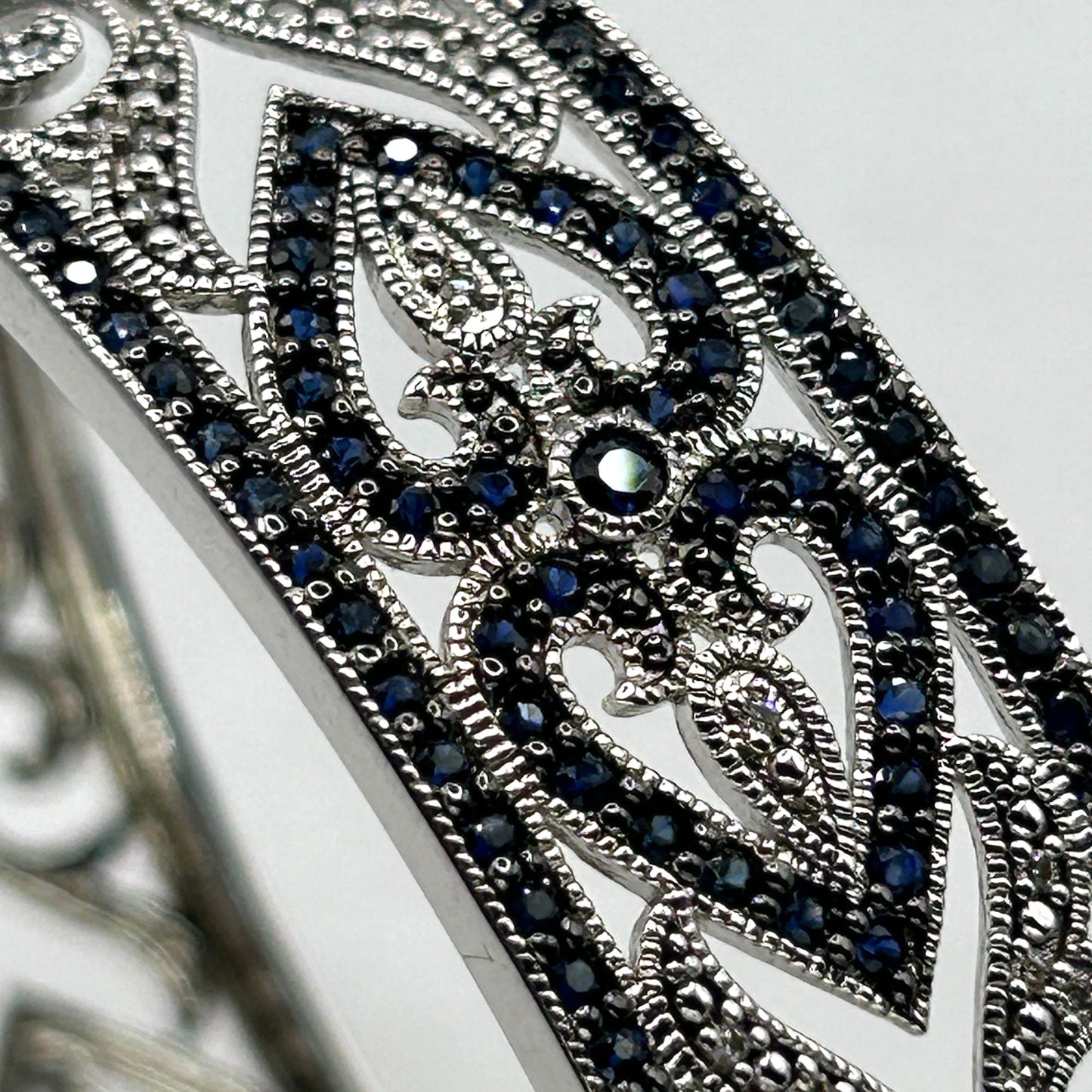 Sapphire & Diamond Hinged Bangle Bracelet 925 Sterling Silver - 7.75"