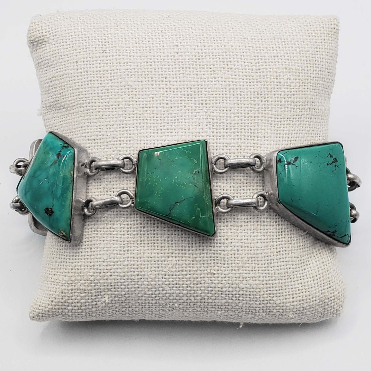Freeform Natural Turquoise Chunk Cabochon Station Bracelet Sterling Silver