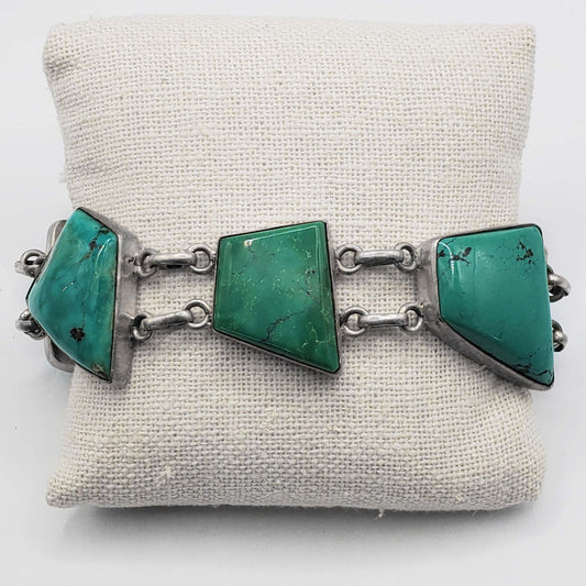 Freeform Natural Turquoise Chunk Cabochon Station Bracelet Sterling Silver