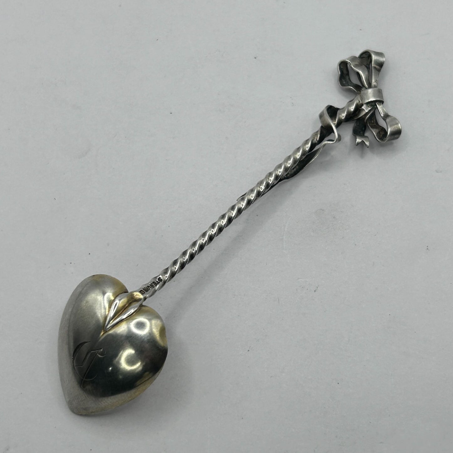 Vintage 925 Sterling Silver Twisted Ribbon Heart Bowl Demitasse Spoon - Monogram